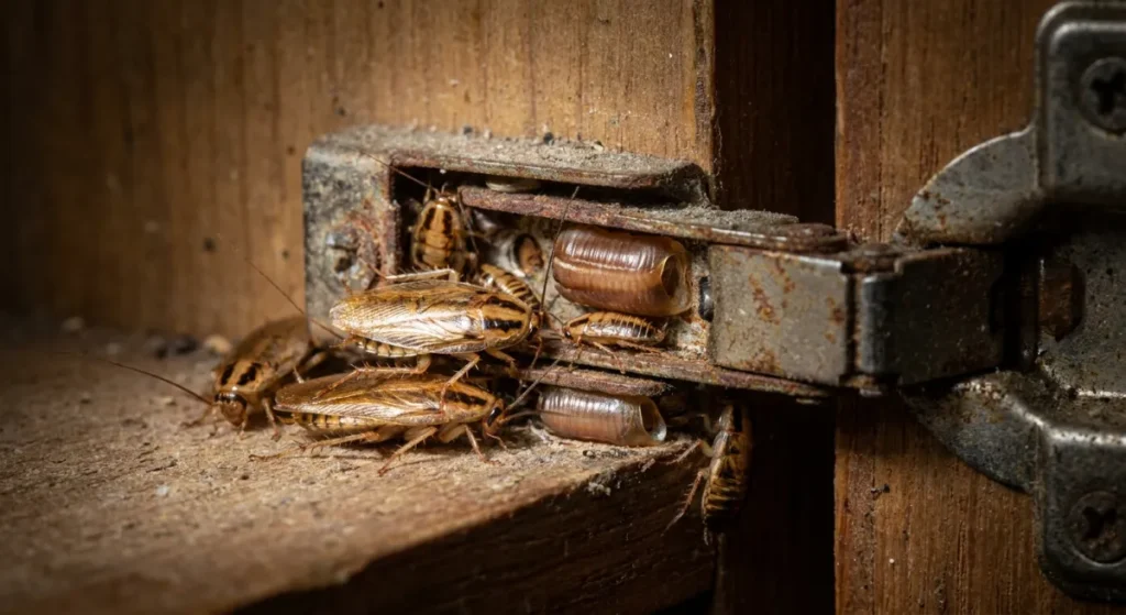 Close-up of German cockroaches nesting inside a South Auckland kitchen cabinet hinge