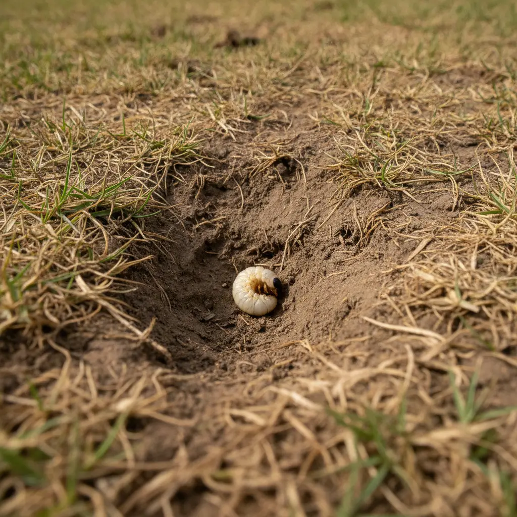 Close-up of grass grub damage in a residential yard