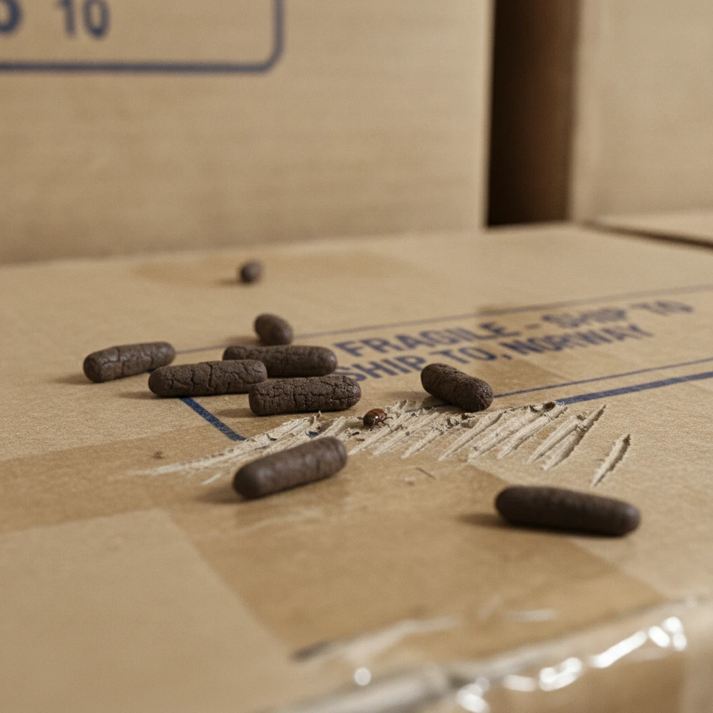 Close up of rat damage and droppings on warehouse packaging