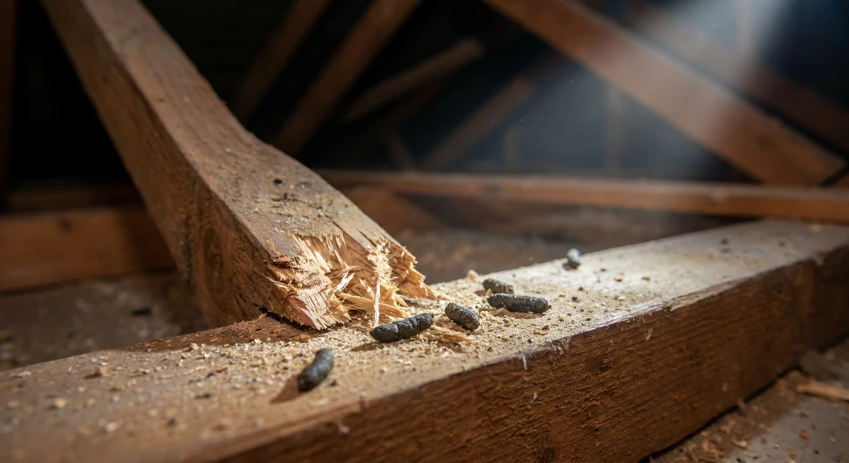 Close-up of rat droppings and chew marks on structural timber in an Auckland roof cavity