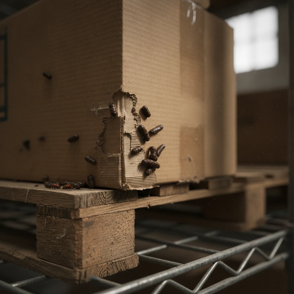 Close-up of rodent droppings and gnawed cardboard in a commercial food storage warehouse
