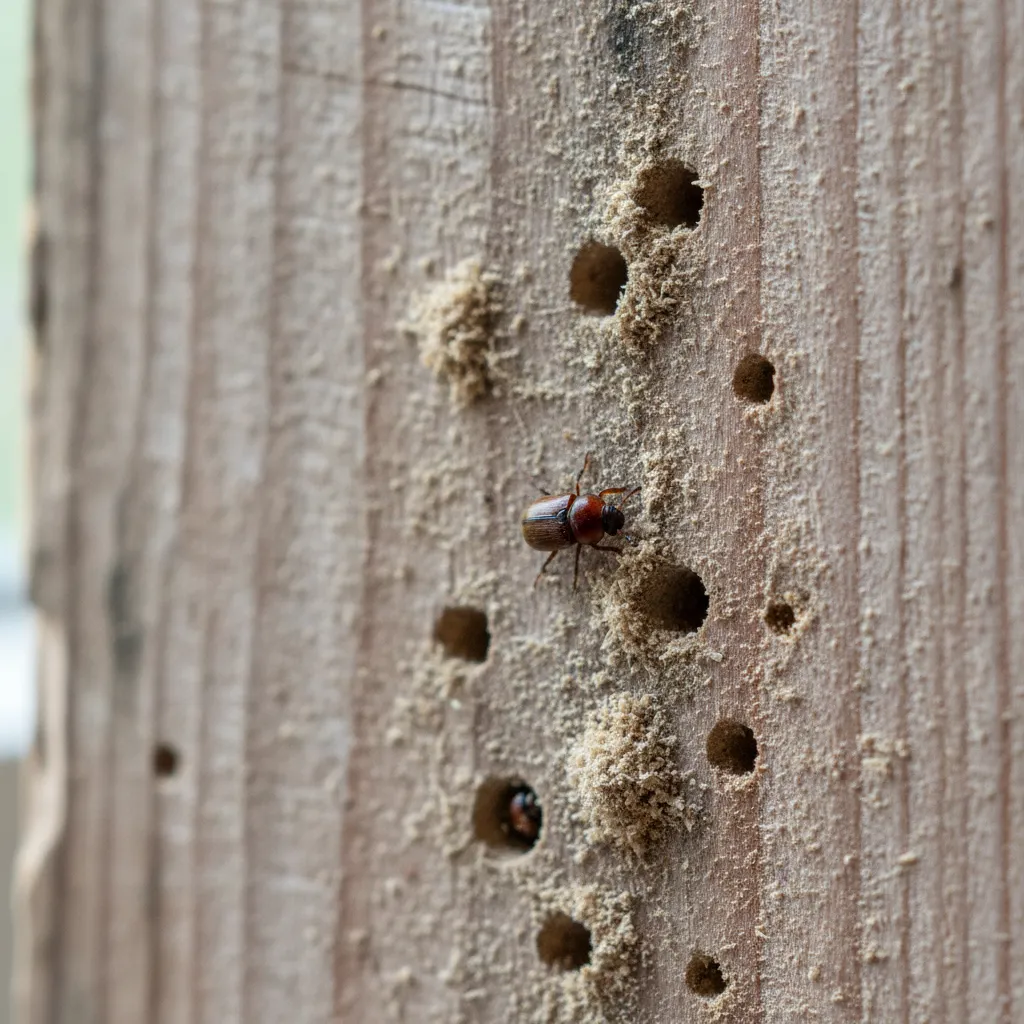Close-up of wood borer exit holes and frass on structural timber