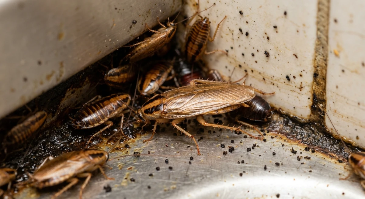 Close up view of a German cockroach infestation requiring professional fumigation service in Auckland