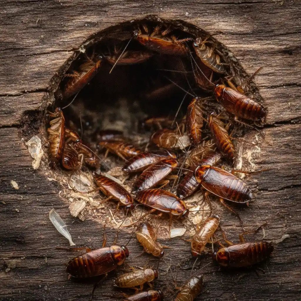 Close-up view of a German cockroach nest hidden in a wooden crevice, highlighting the need for targeted eco-friendly interventions