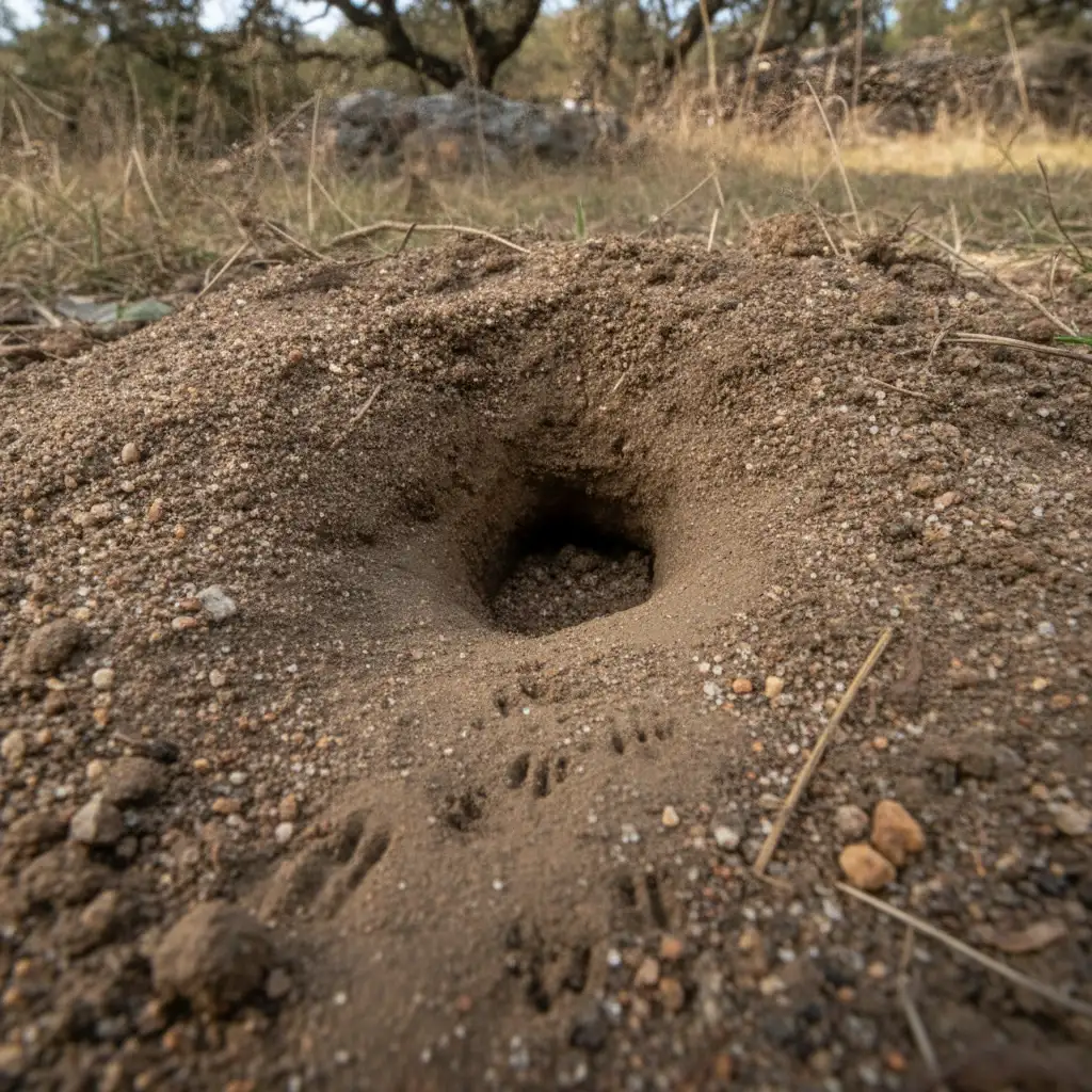 Close-up view of a Norway rat burrow entrance in dirt, showing fresh excavation and paw prints