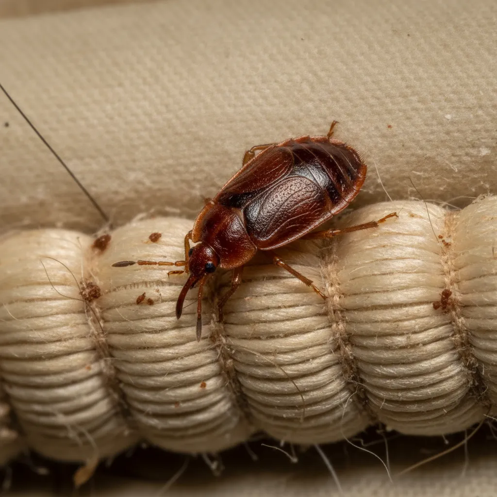 Detailed close up of an adult bed bug hiding in a mattress seam