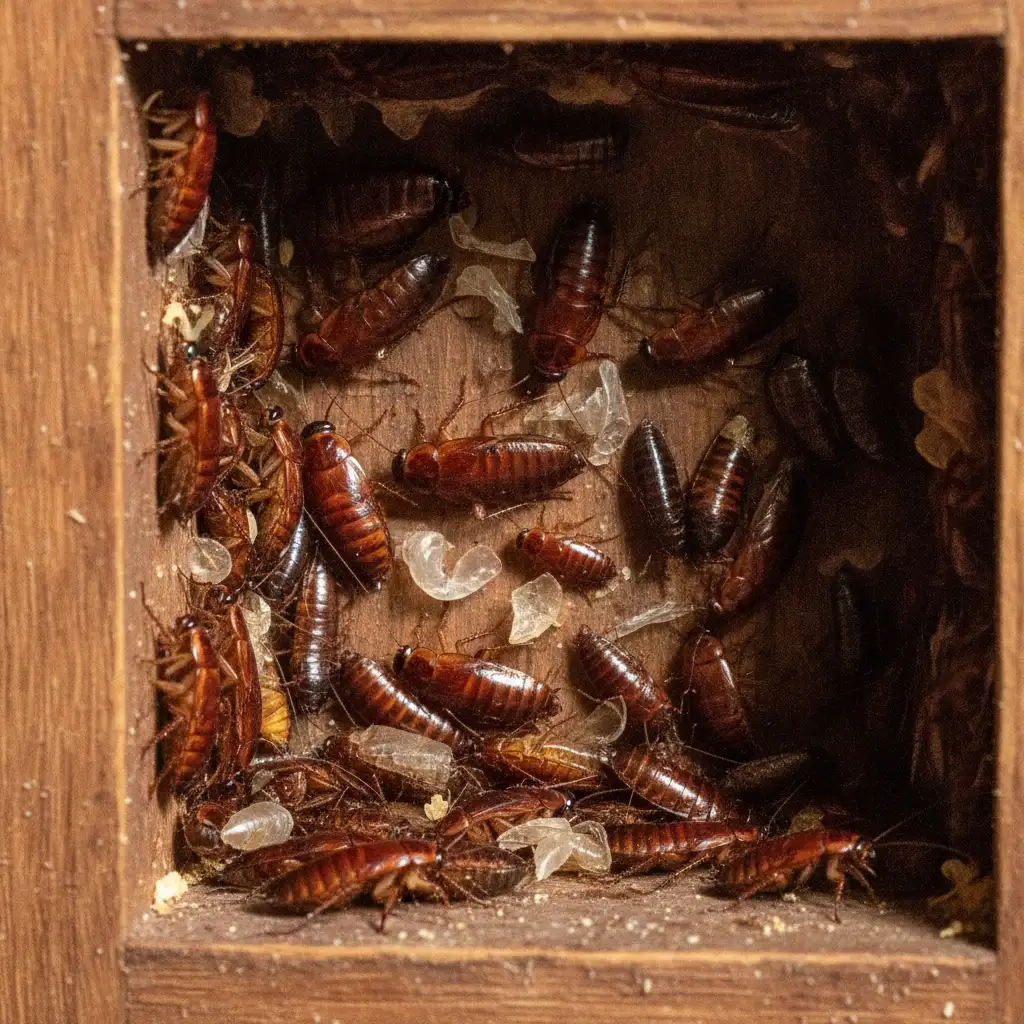 Detailed macro view of a German cockroach nest hidden in a dark wooden crevice showing physical pest evidence