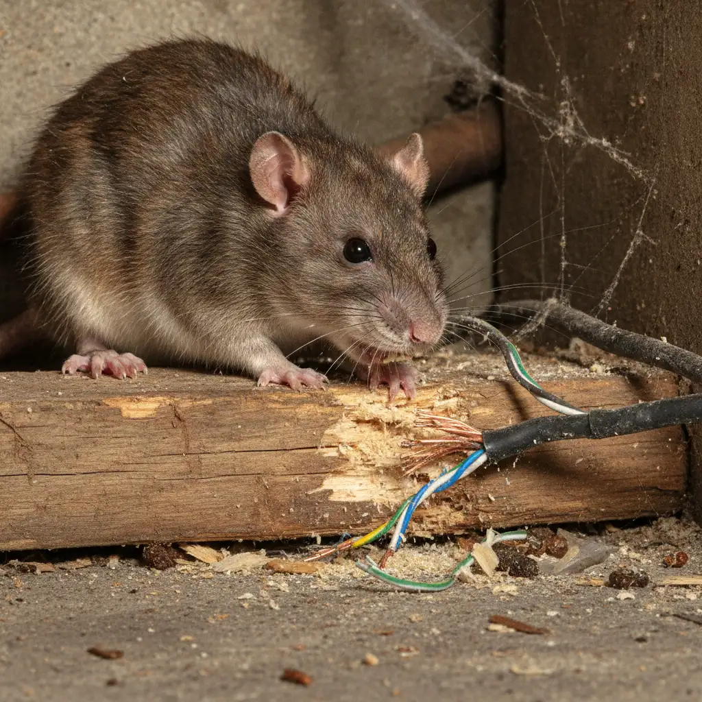 Detailed view of a rat causing structural damage in a subfloor environment