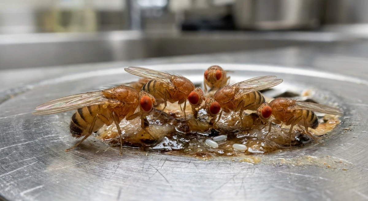 Fruit flies breeding in a commercial kitchen drain