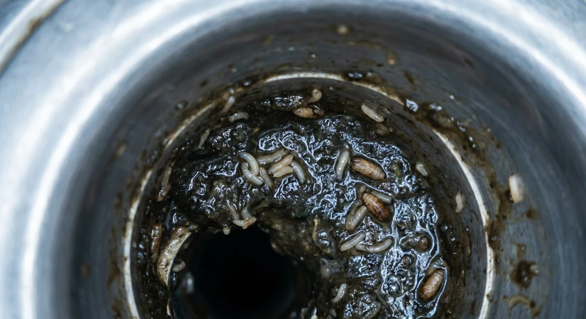 Fruit fly larvae breeding in commercial drain sludge