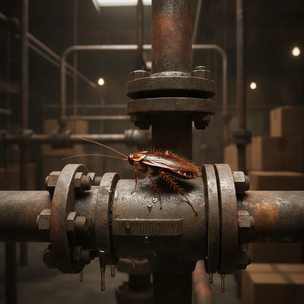 German cockroach crawling on industrial metal piping inside a commercial warehouse facility
