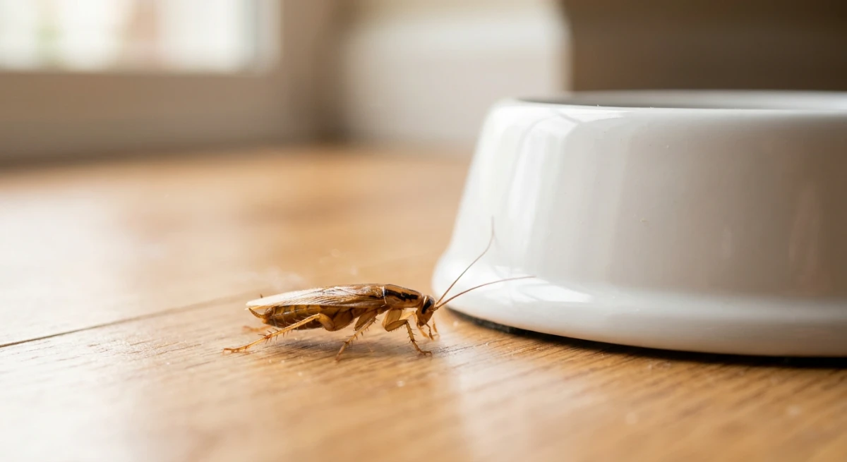 German cockroach near pet food bowl highlighting the risk to indoor pets
