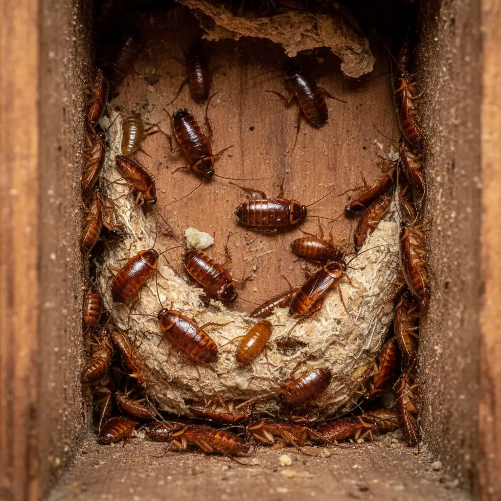 German cockroach nest and egg casings hidden in a wooden crevice