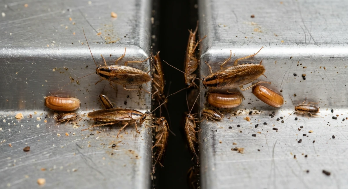 German cockroach nest hidden in a commercial kitchen stainless steel crevice