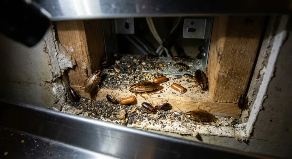 German cockroach nest hidden inside a commercial kitchen wall void
