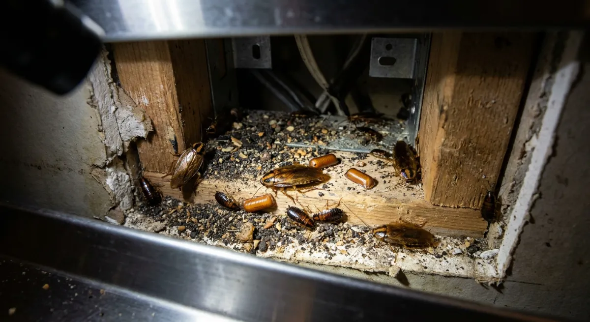 German cockroach nest hidden inside a commercial kitchen wall void