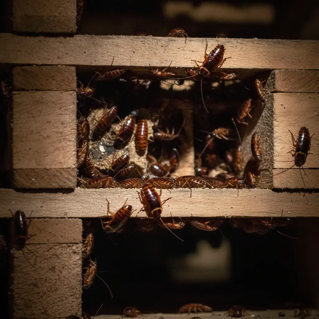 German cockroach nest inside commercial warehouse pallet