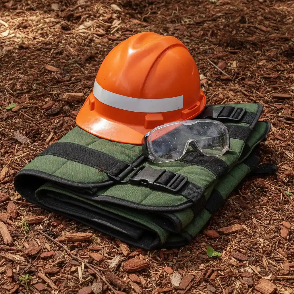 High-visibility hard hat, cut-resistant chaps, and safety goggles resting on wood mulch