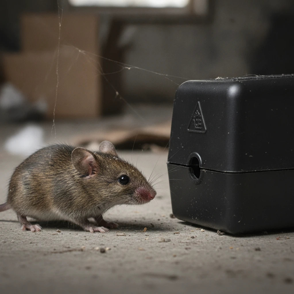 House mouse interacting with a professional tamper-resistant bait station