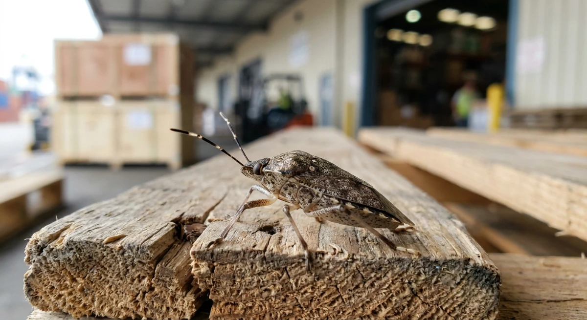 Macro close-up of a Brown Marmorated Stink Bug on a commercial shipping pallet