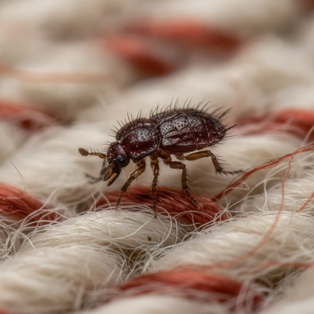 Macro close-up of a flea embedded in household carpet fibers