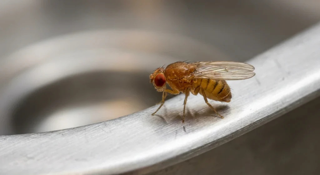 Macro close-up of a fruit fly near a commercial kitchen drain