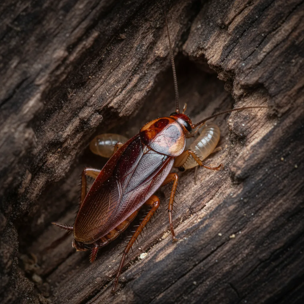 Macro close-up of a German cockroach in a wooden crevice highlighting the need for qualified pest identification