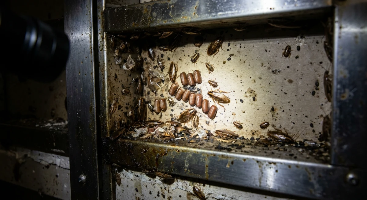 Macro close-up of a German cockroach nest in a commercial wall void