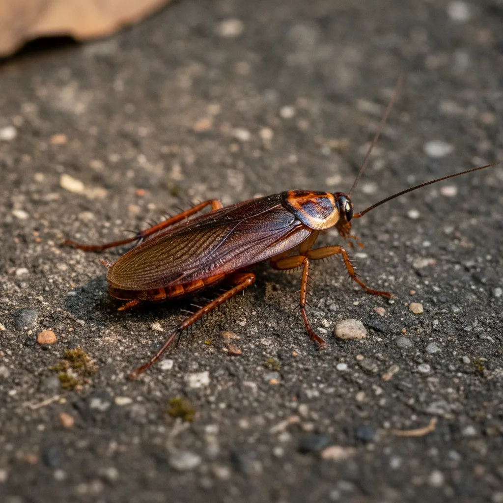 Macro close-up of a German cockroach on urban concrete