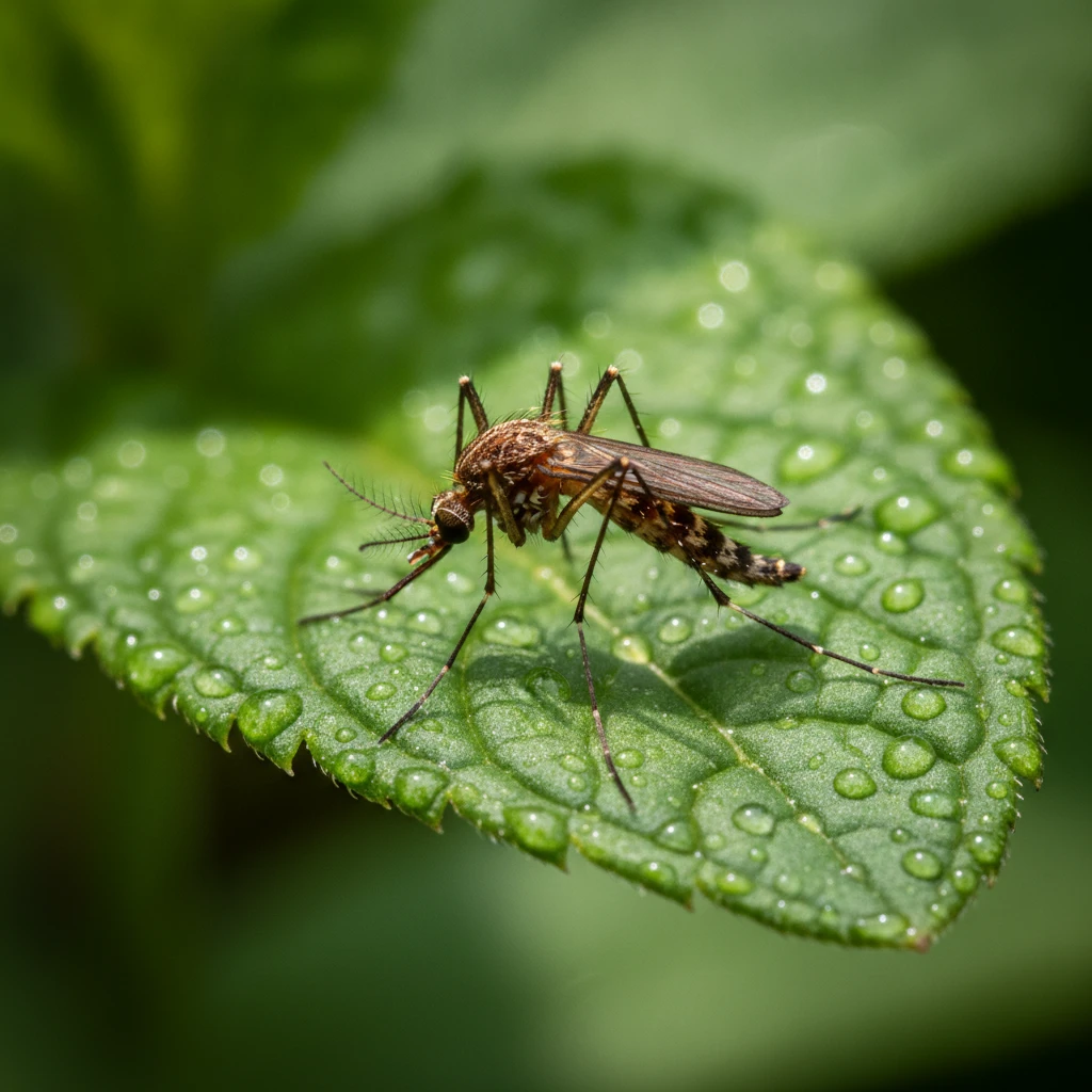 Macro close-up of a mosquito interacting with a peppermint leaf