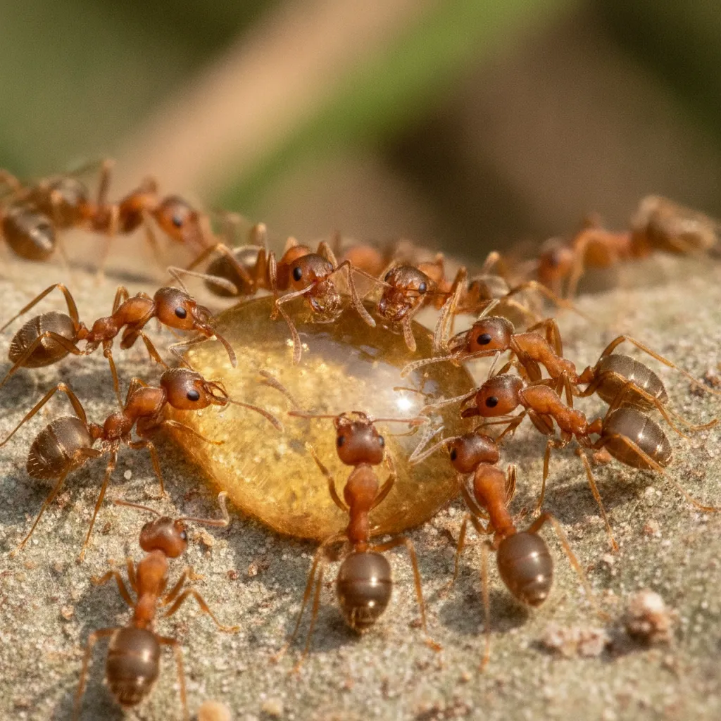 Macro close up of Argentine ants feeding outdoors representing common Auckland pests