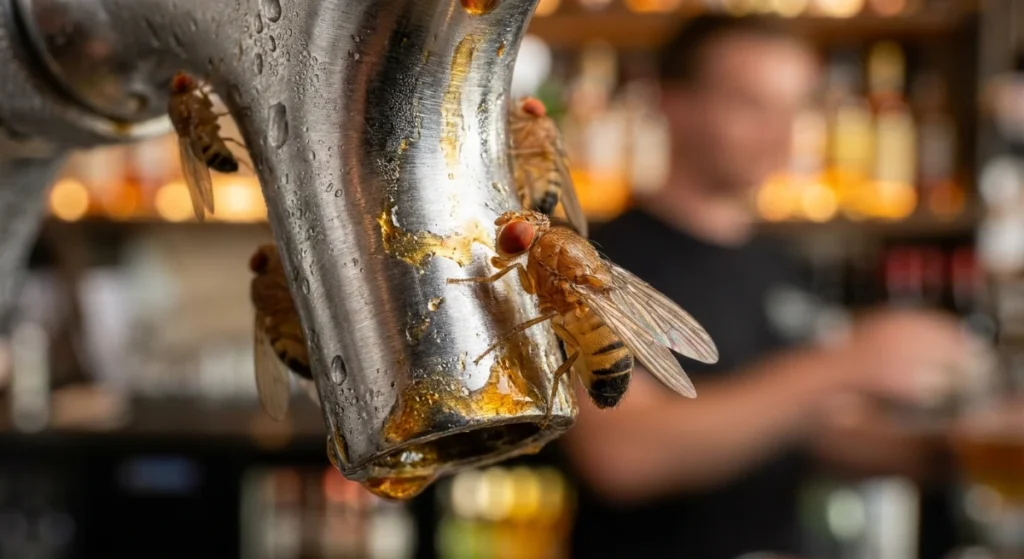 Macro close-up of fruit flies infesting a commercial beer tap in an Auckland bar