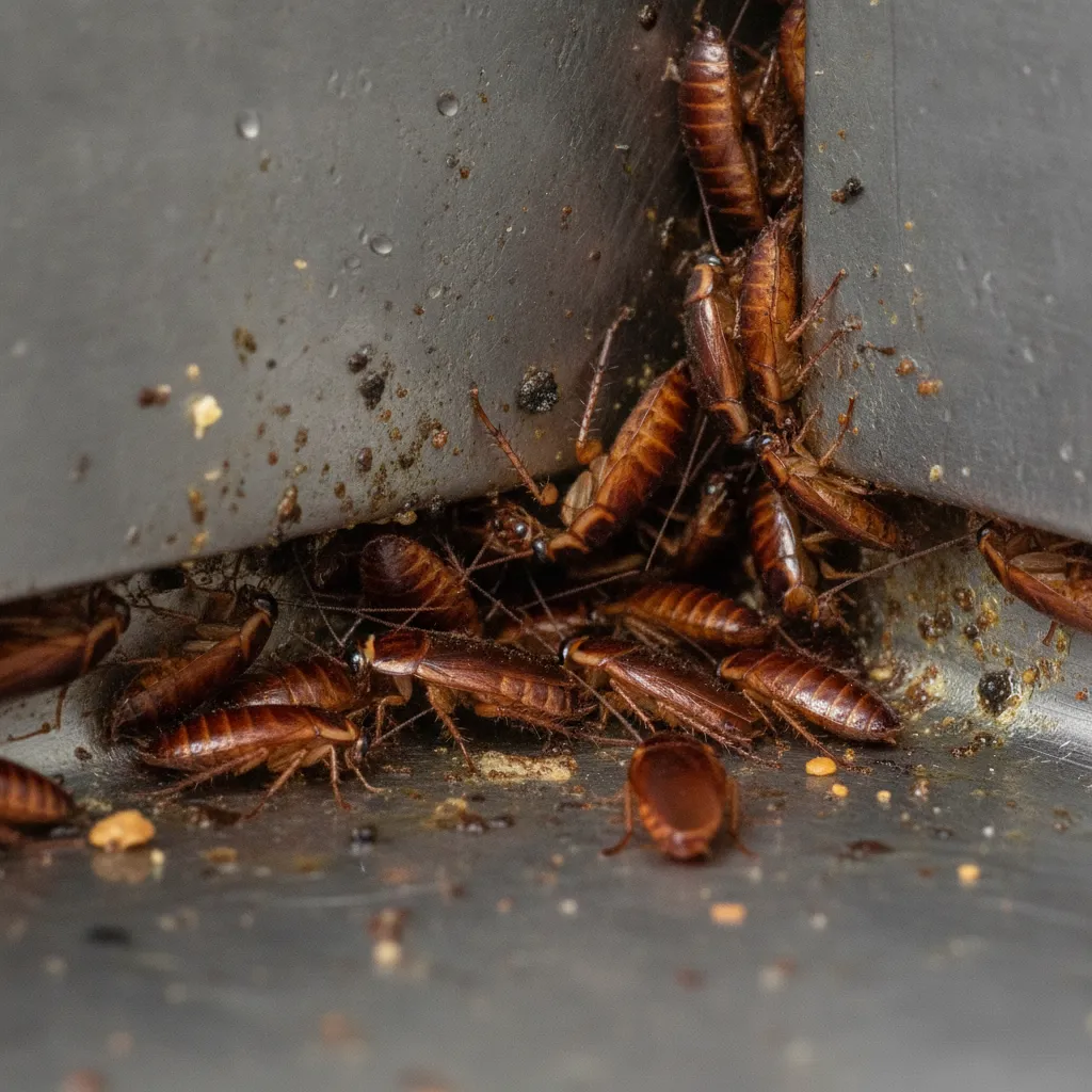 Macro close up of German cockroaches in a commercial facility