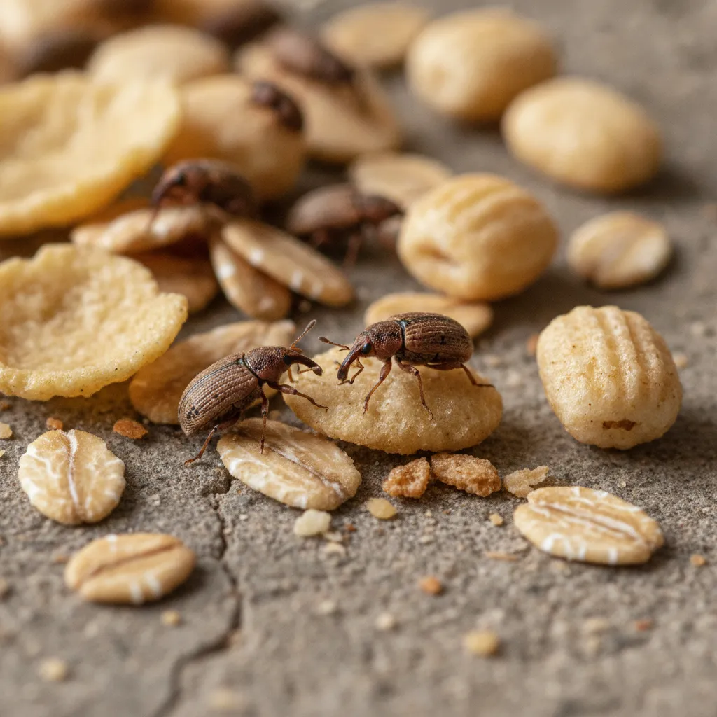 Macro close-up of grain weevils infesting spilled cereal grains on a warehouse concrete floor