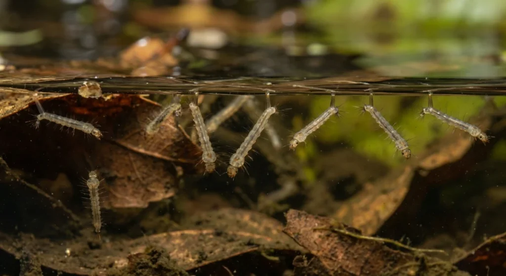 Macro close up of mosquito larvae breeding in stagnant water