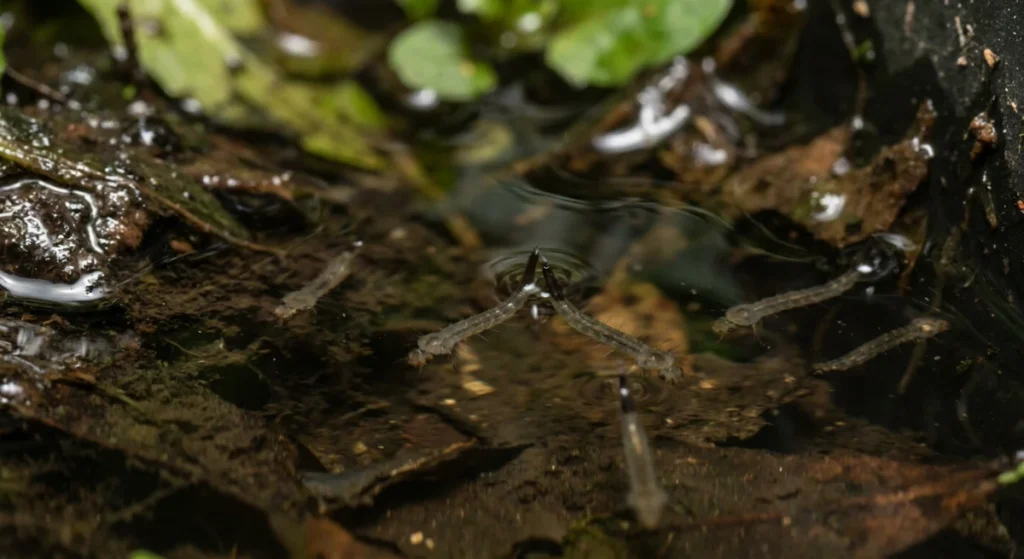 Macro close-up of mosquito larvae in standing water