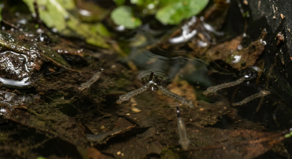 Macro close-up of mosquito larvae in standing water