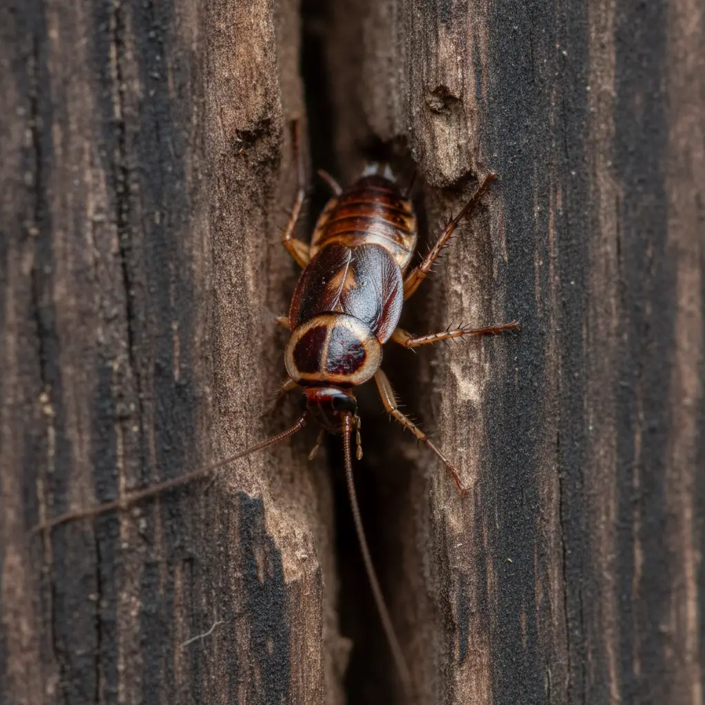 Macro shot of a German cockroach emerging from a wooden crevice
