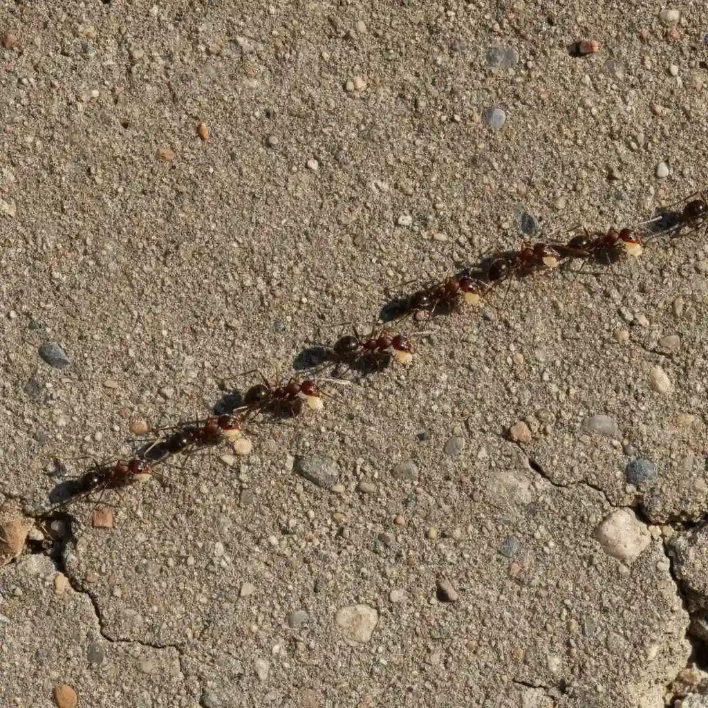 Macro shot of Argentine ants trailing along a concrete foundation