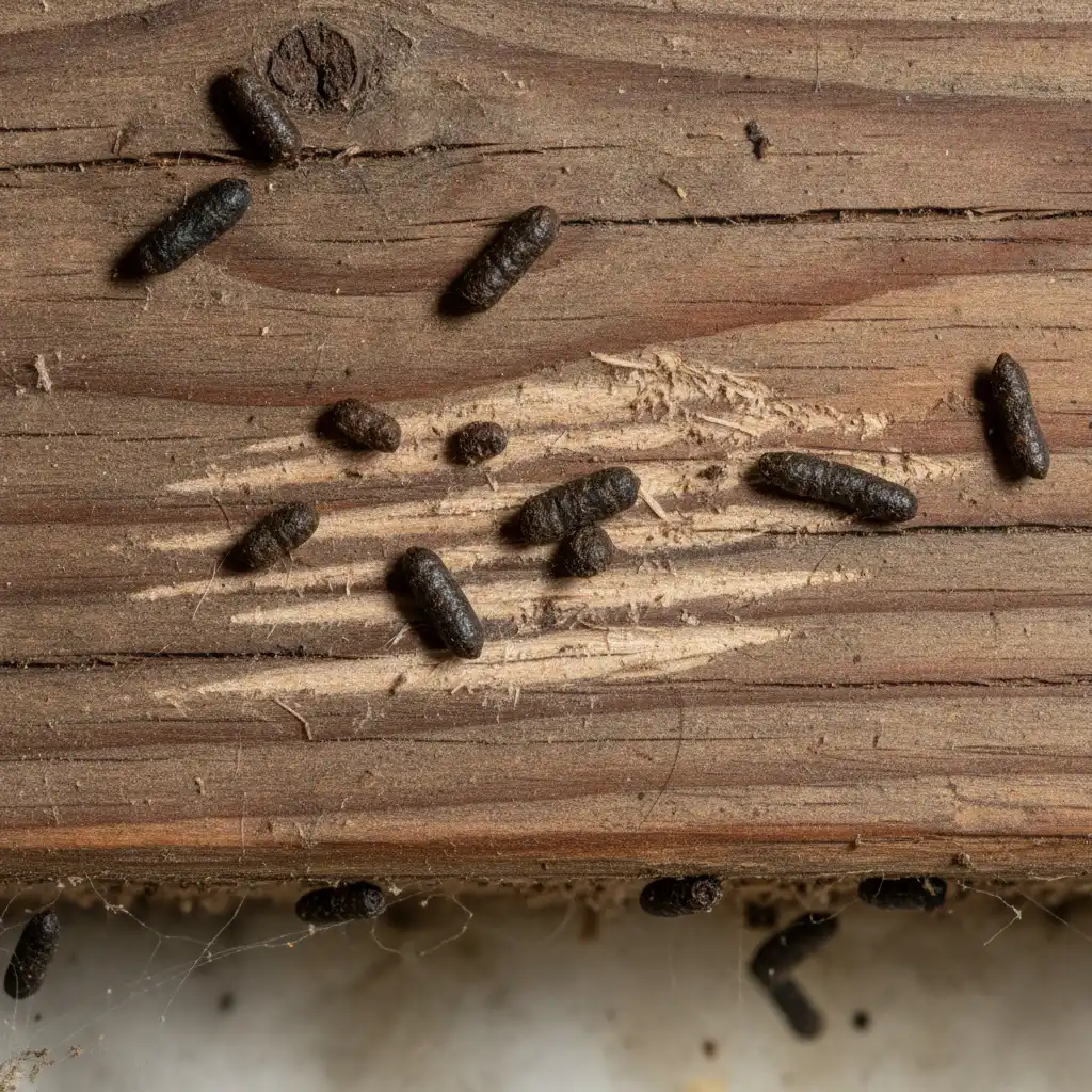 Macro shot of spindle-shaped roof rat droppings and fresh gnaw marks on rough attic wood