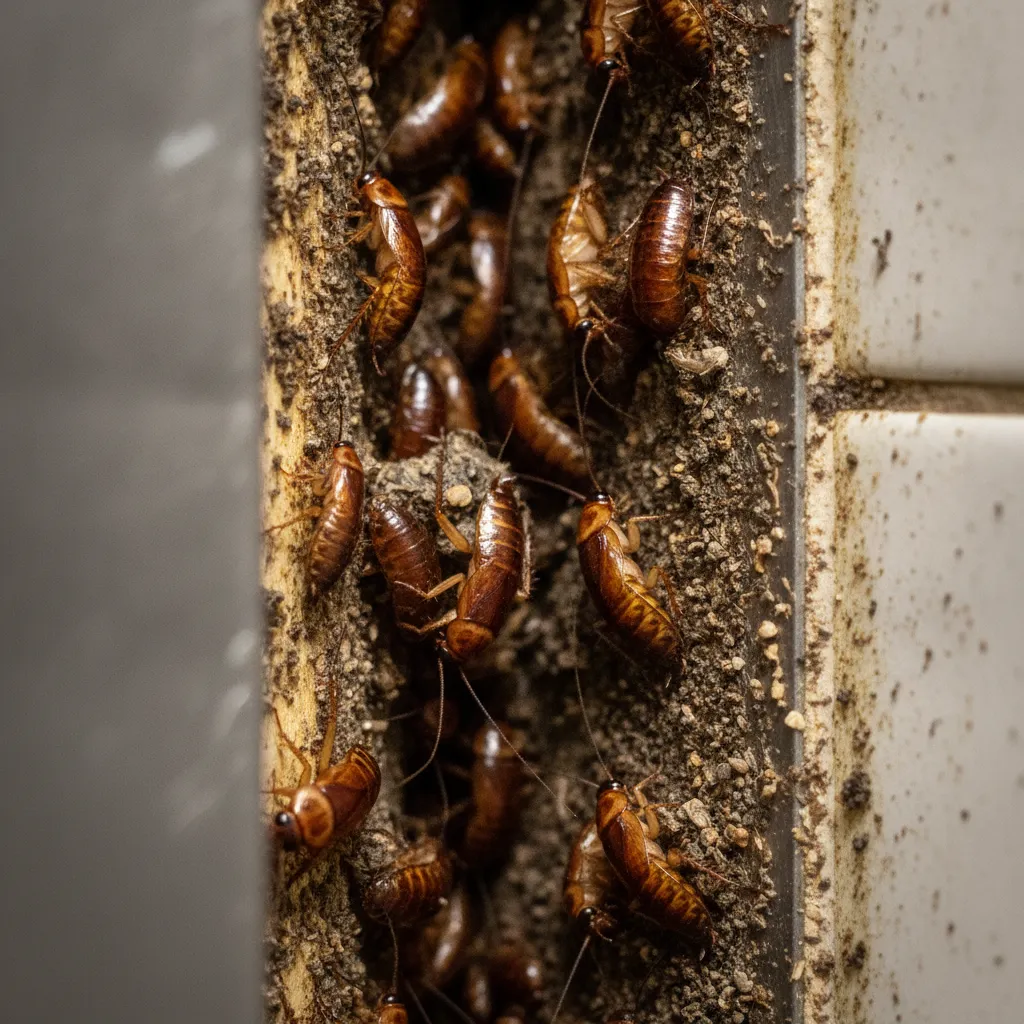 Macro view of a German cockroach nest in a commercial facility