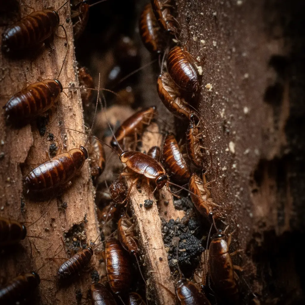 Macro view of a German cockroach nest in a residential crevice