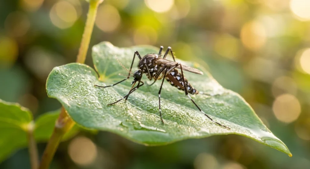 Macro view of a mosquito on a leaf highlighting the need for natural insect repellent in NZ