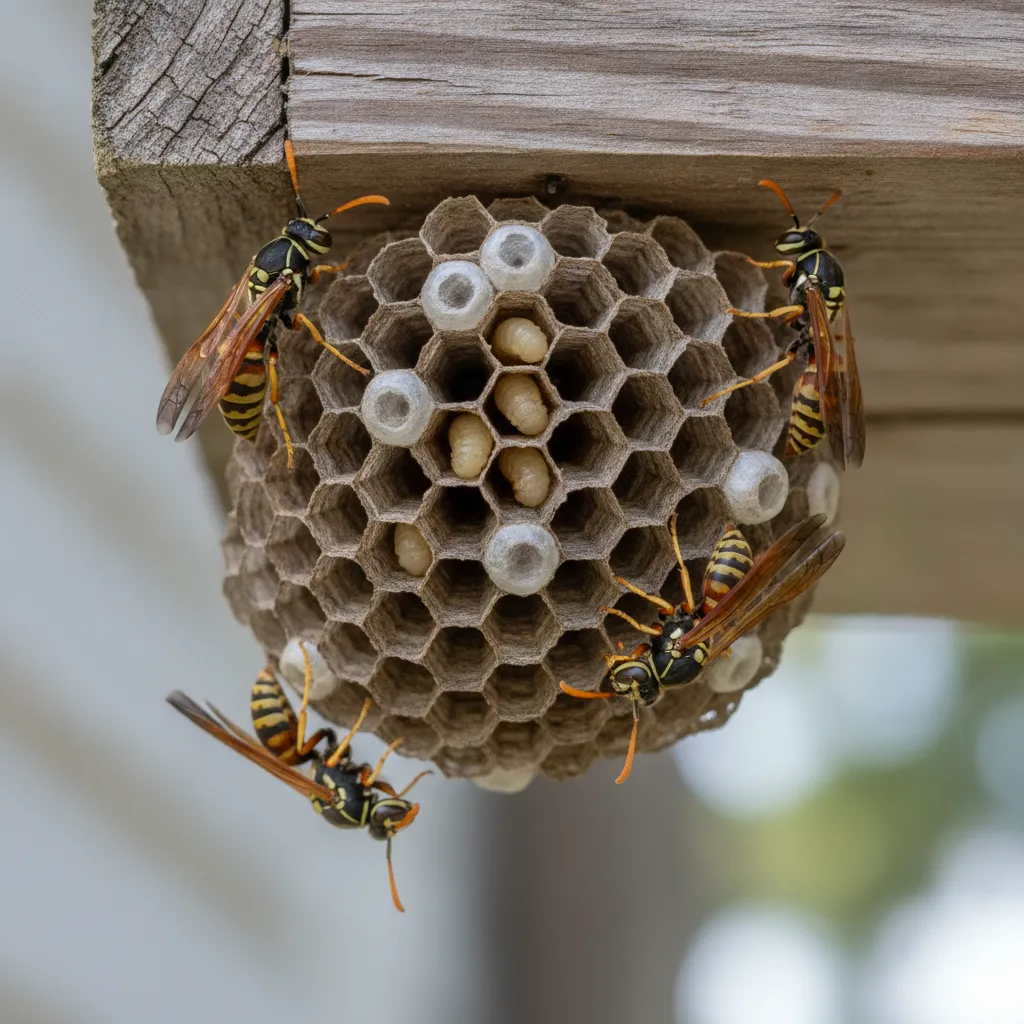 Macro view of a paper wasp nest on a wooden eave illustrating a common target for one-off eradication