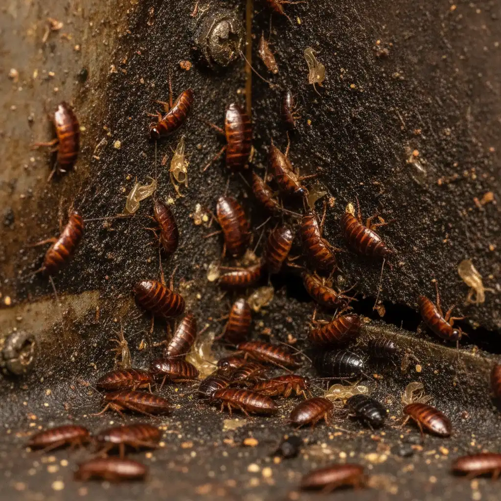 Macro view of a severe German cockroach infestation in a commercial kitchen setting