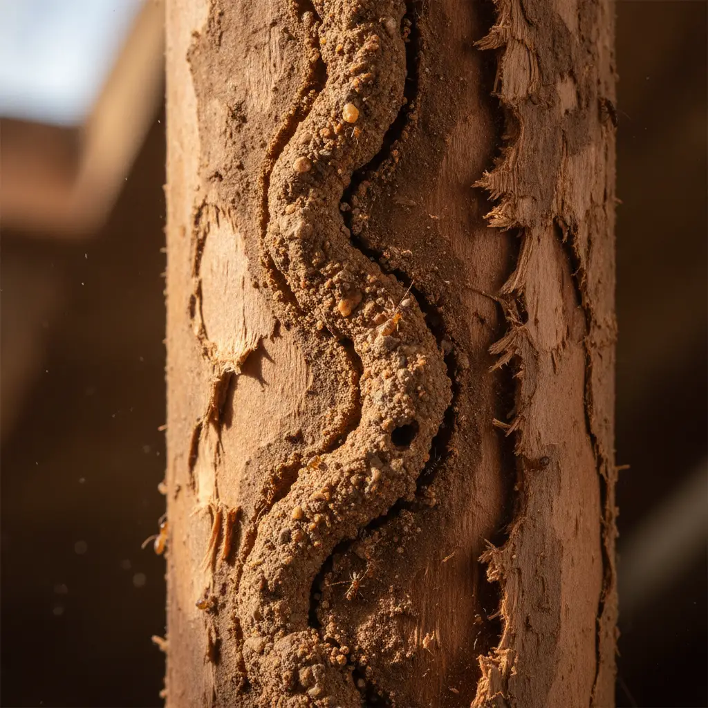 Macro view of a termite mud tube on a damaged structural timber beam