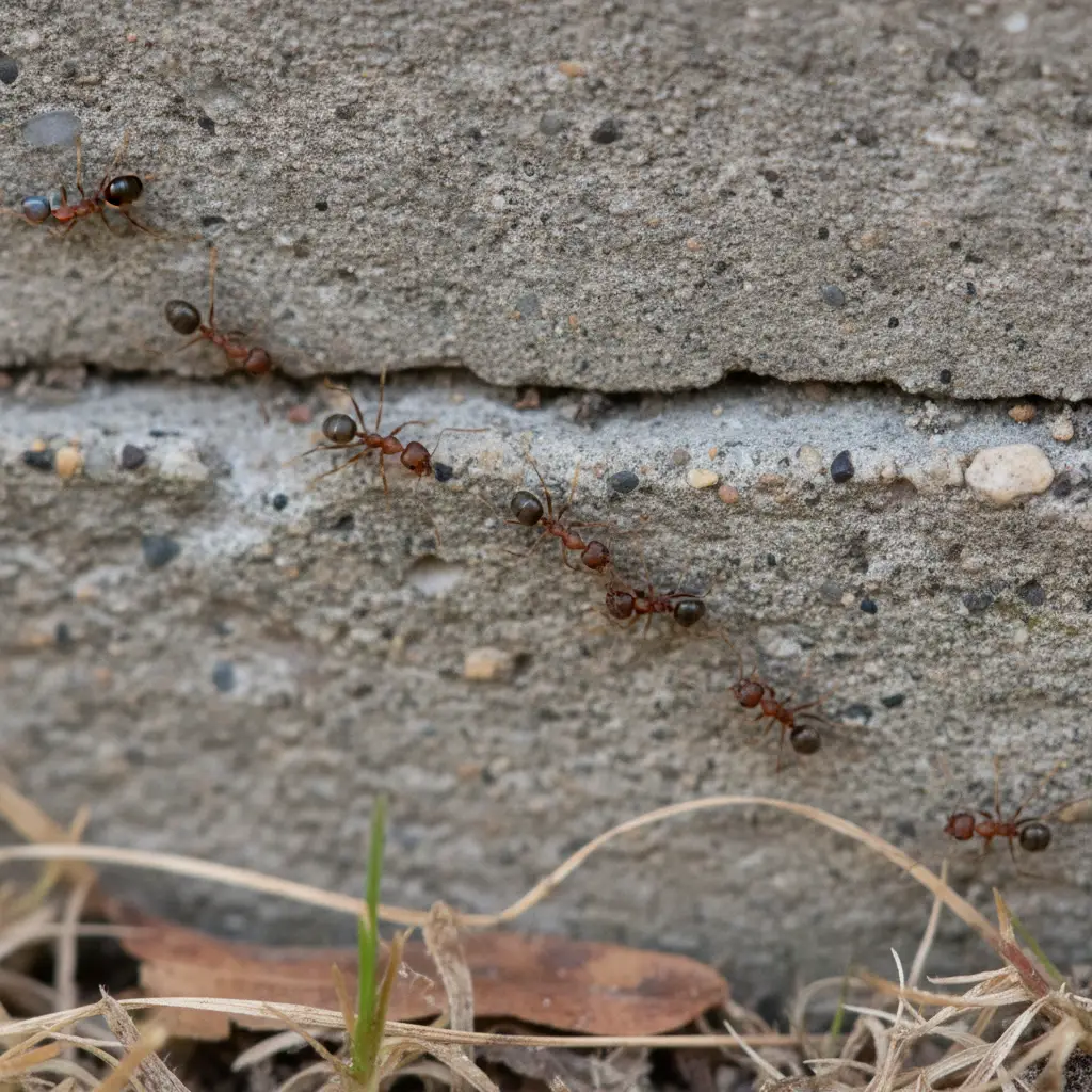Macro view of Argentine ants trailing along a foundation in East Auckland