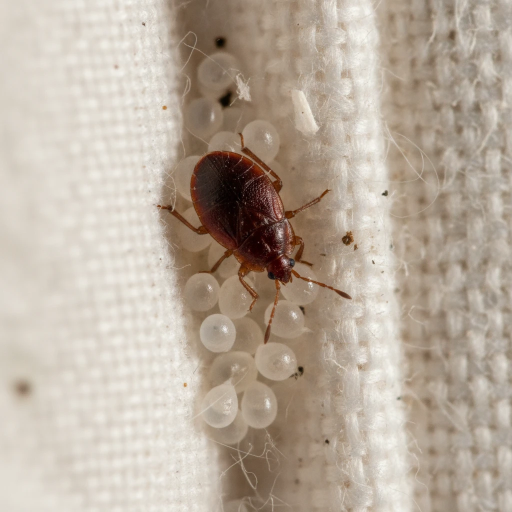 Macro view of bed bugs and eggs in a mattress seam prior to heat treatment
