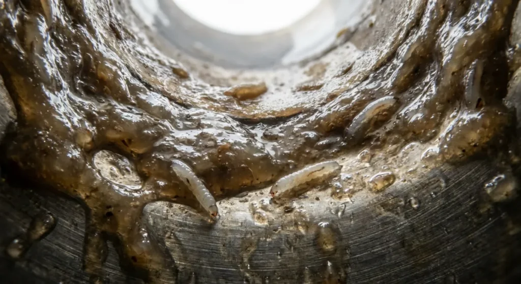 Macro view of fruit fly larvae thriving in commercial drain biofilm