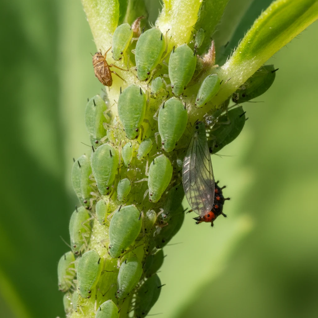 Macro view of green aphids feeding on a plant stem, representing the target of biological pest control